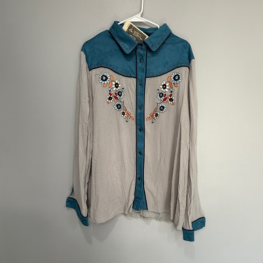 John Moon Texas Western Fringe Shirt XXL Turquoise Grey Embroidered Floral Studs